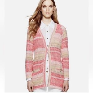 Tory Burch Erin Multi Stripe Cotton Sweater Cardigan Pink Size Large